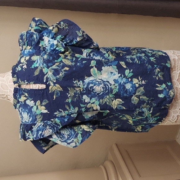 CANDACE CAMERON BURE Blue Printed Eyelet Top with Ruffle Detail - Picture 9 of 11